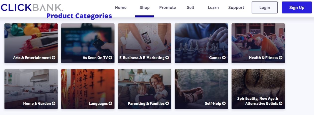 Product categories of earn money with ClickBank